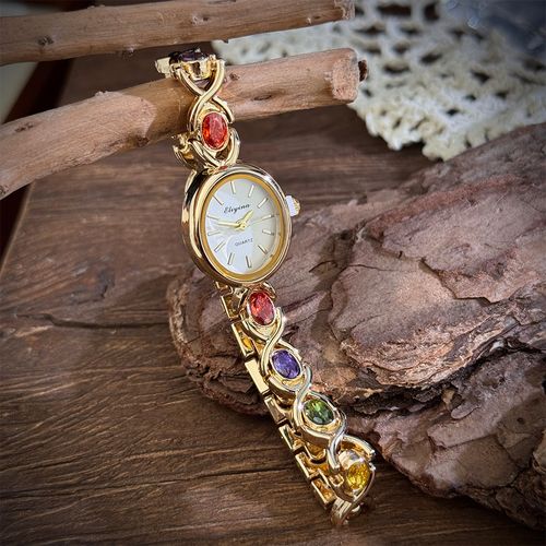 Women's Elegant Multicolor Artificial Gemstone Decorated Quartz Watch, Exquisite Trendy Wristwatch, Fashionable Watch As Gift, Jewelry Bracelet Watch