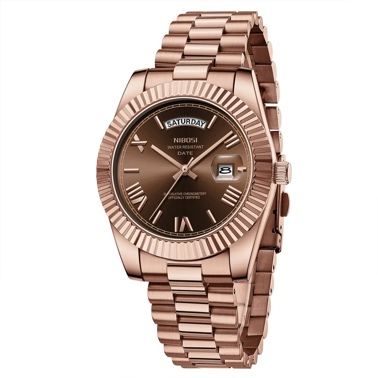 Luxury dress watch for men, 40mm rose gold dial, stainless steel bracelet, rotating quartz analog movement, water-resistant, luminous large dial, a sophisticated business watch, no watch box included.
