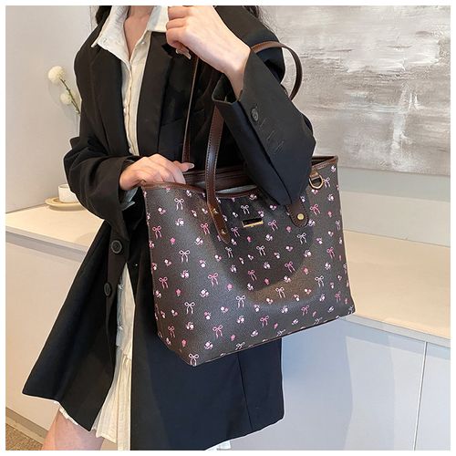 Women's Elegant Ditsy Floral Bow Pattern 25 fall&winter PU Leather Tote Bag, Large Capacity Shoulder Bag for Daily Used, Casual Trendy Versatile High-quality Daily Commuting Bag