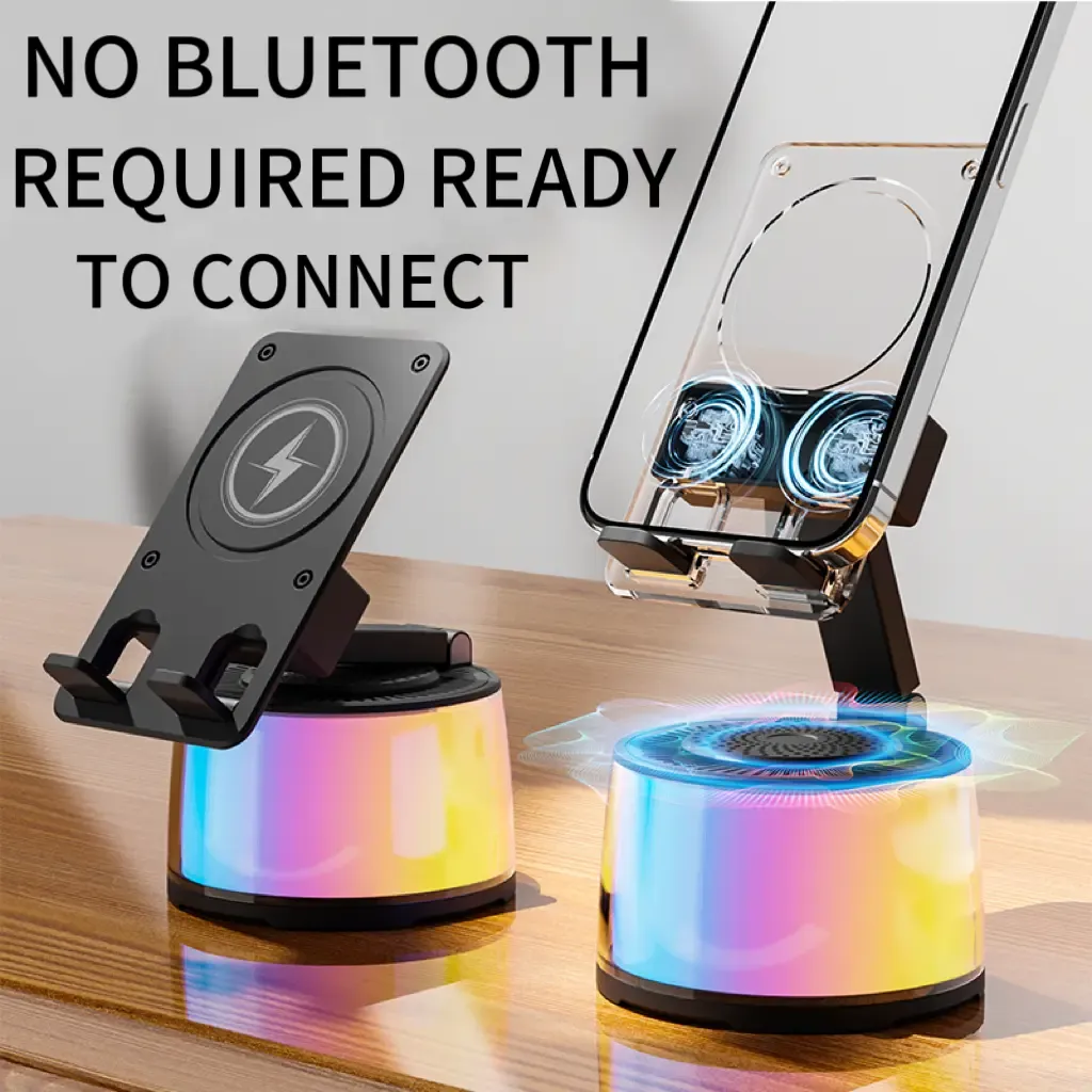 Wireless Induction Audio Bluetooth Speaker 5in1 Cellphone Holder USB Emergency Rechargeable (5000mAh) Portable Power Mobile Tablet Stand with Colorful Ambient Light Gifts for Friend, Family