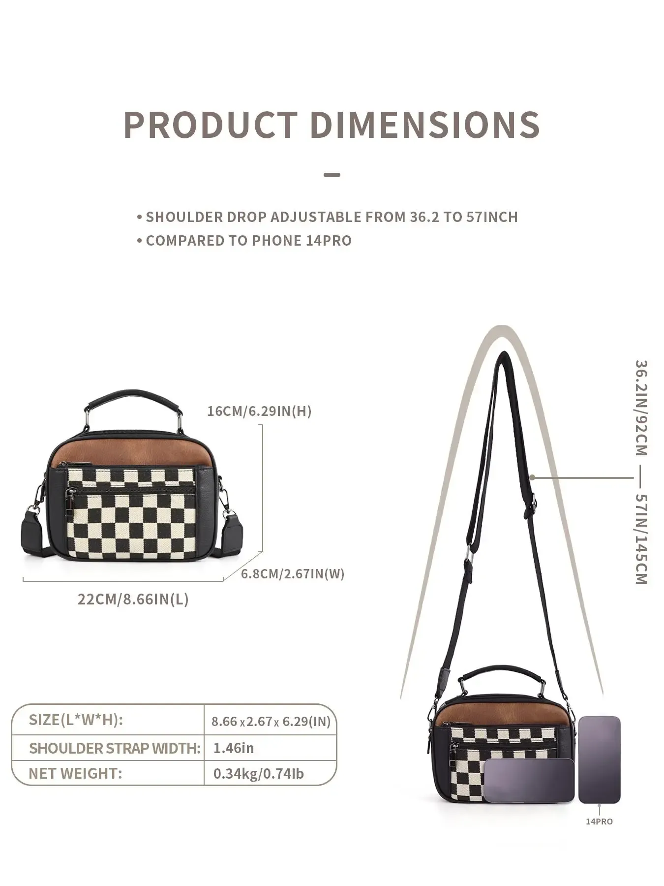 Checkerboard Pattern Colorblock Crossbody Bag, Fashionable Patterned Bag, Fashion PU Leather Waterproof Zipper Shoulder Bag for Women, Casual Trendy Versatile High-quality Daily Commuting Bag, Mothers Day Gift Ideas