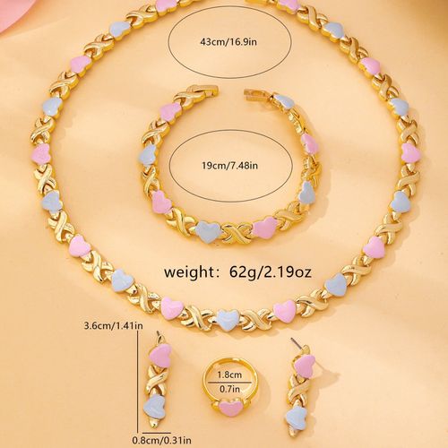 Royal-Inspired Color XO Heart Necklace & Bracelet & Earrings Set, Matching Jewelry Set, Casual Style Metal Chain Design Jewelry for All Seasons, Complete Accessories Set