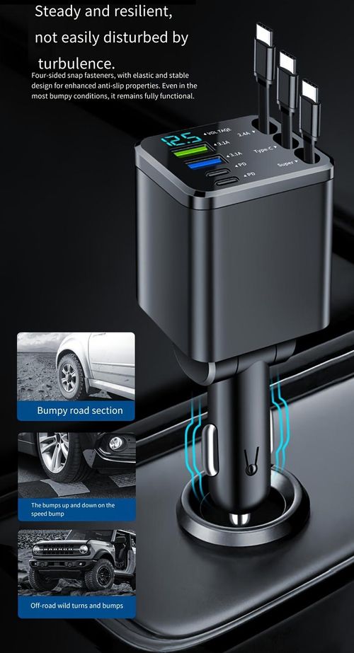 Super Fast Car Charger: QC3.0&PD2.0,120W Max,3 Retractable Cables + 4 Ports | 7-in-1,Smart Chip & LED Voltage Display | Universal Charging Solution for iPhone & AndroidThe Ultimate Road Trip Companion