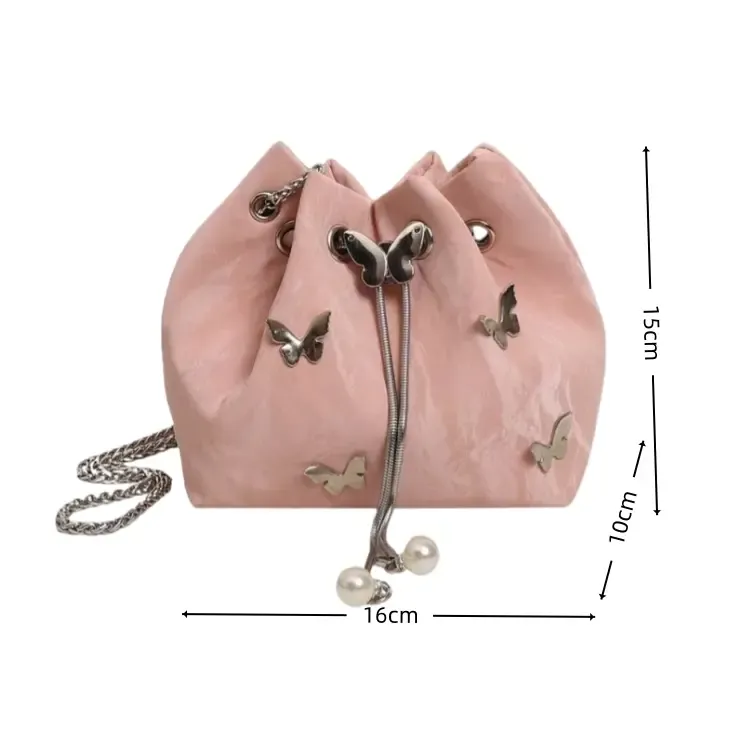Design Pleated Drawstring Butterfly Shoulder Messenger Bag Versatile Chain Bucket Bag with Unique Pleated Design & Secure Drawstring Closure for Everyday Use