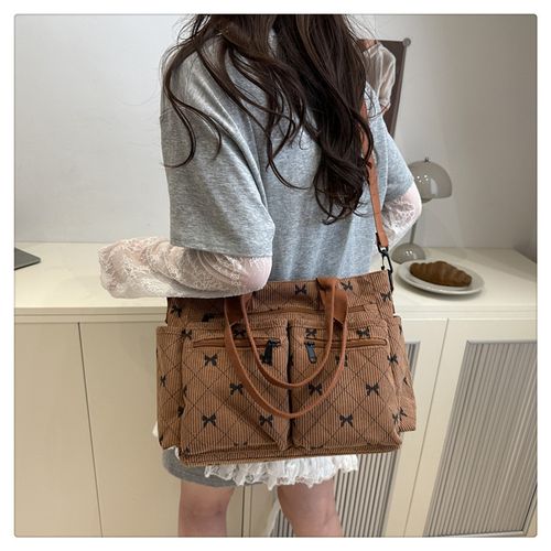 Women's Chocolately Fall&Winter Bow Pattern Tote Bag, Fashionable Multi-pocket Shoulder Bag for Daily Used, Casual Trendy Versatile High-quality Daily Commuting Bag