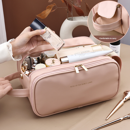 New PU Three-Layer Makeup Bag | Double-Zip Portable Handheld Organizer | High-End Aesthetic Cosmetic Case for Travel & Daily Use