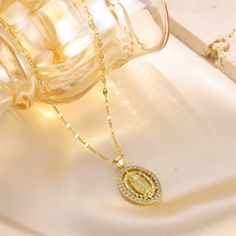 French Style Virgin Mary Pendant Necklace - Stainless Steel Waterproof Christian Jewelry, Jesus Christ Necklace with Zircon Colored Diamonds, Retro Religious Necklaces for Women