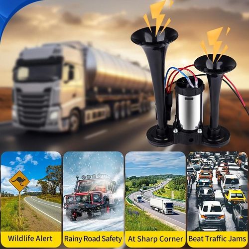 2026 Upgraded 12V 130DB Air Horn Dual Horn, Horn Kit with Air Compressor,Dual Electric Air Horns Kit with Compressor for Vehicles Trucks Pickup Trains Lorrys SUVs Cars Boats (12V SilverBlack) Alarm for Home Security,