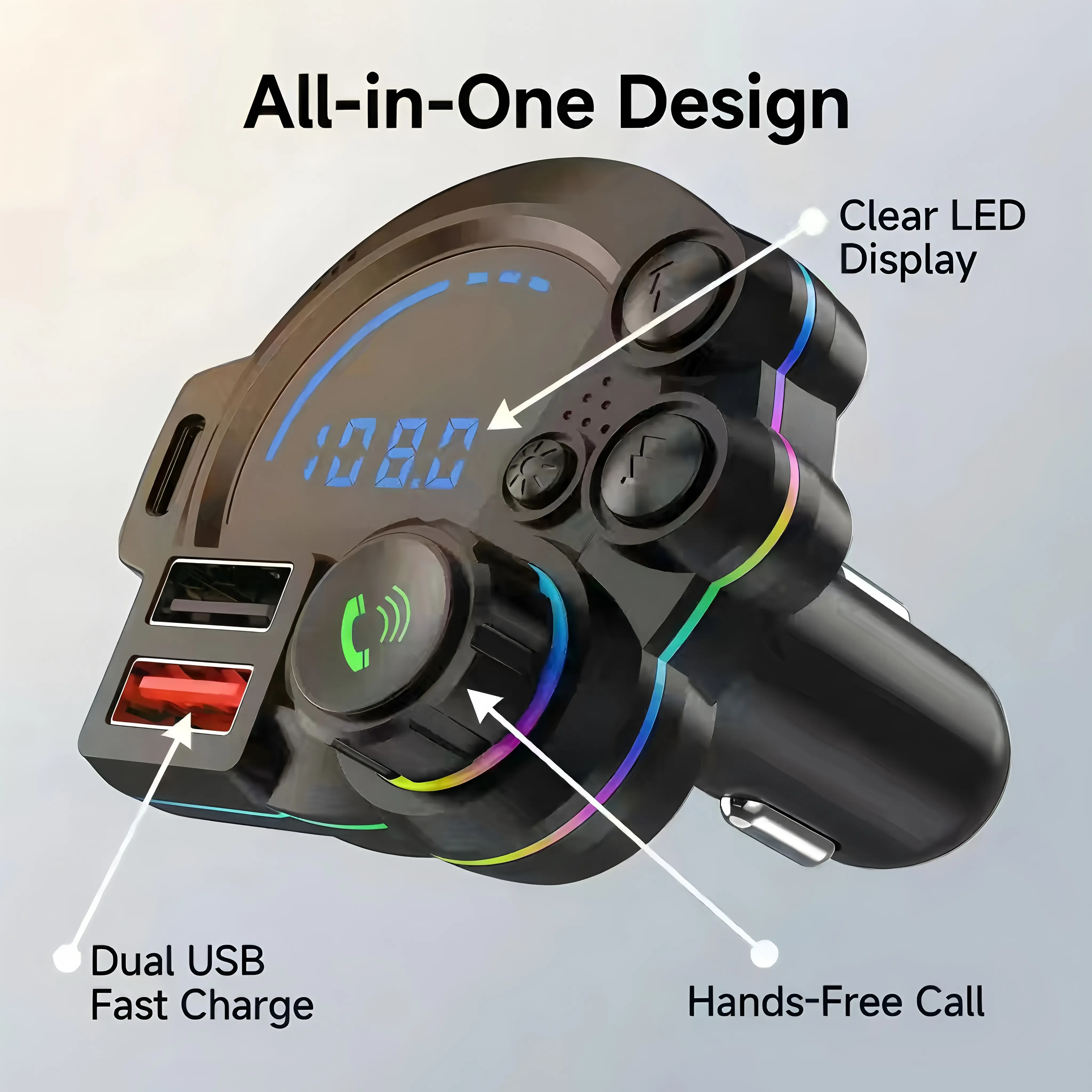 High-definition audio quality car Bluetooth MP3 player, wireless FM transmitter, smart dual USB car charger, LED display