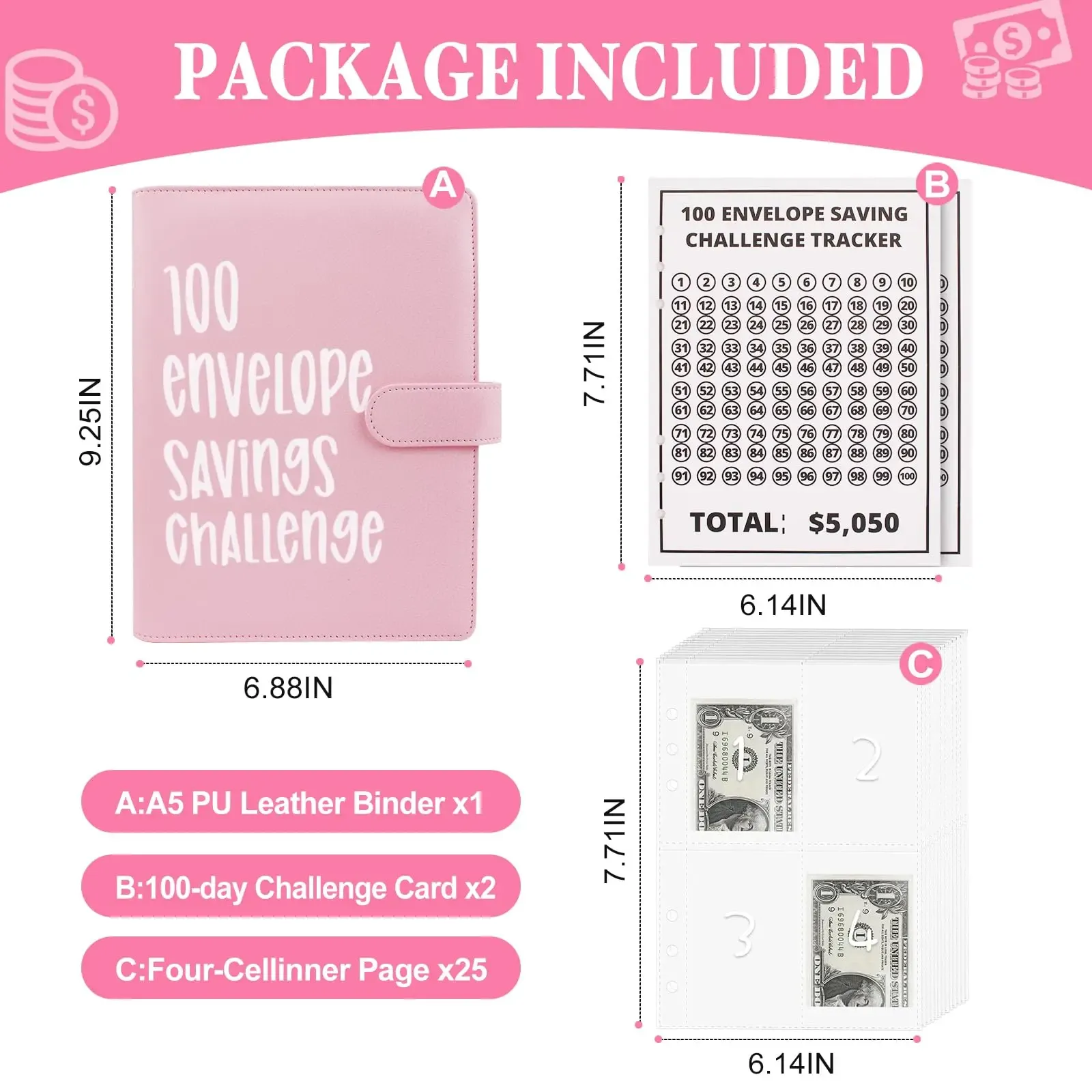 100 Envelopes Money Saving Challenge - A5 Money Saver Budget Binder Book with Cash Envelopes and Numbers, 100-Days of Easy and Funny Ways to Save $5,050 Cash Envelope Challenge Binder