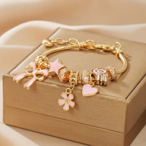 Cute Bow & Heart & Flower Design Charm Bracelet, Rhinestone Decorated Bracelet for Women & Girls, Trendy All-match & Exquisite Jewelry for Birthday Gift, Rhinestone Decorated Bangle, Charms Bracelet