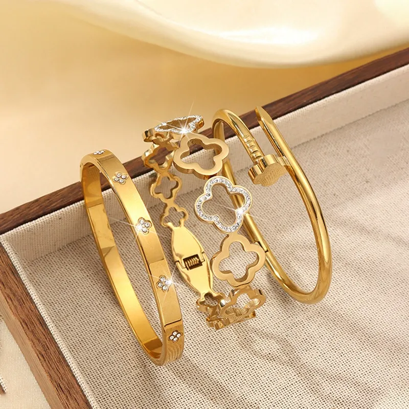 Women's Stainless Steel Bangle Bracelet Set, Chain & Flower Design Jewelry, Perfect Gift for Mom, Mother's Day, Birthday, Party Wear