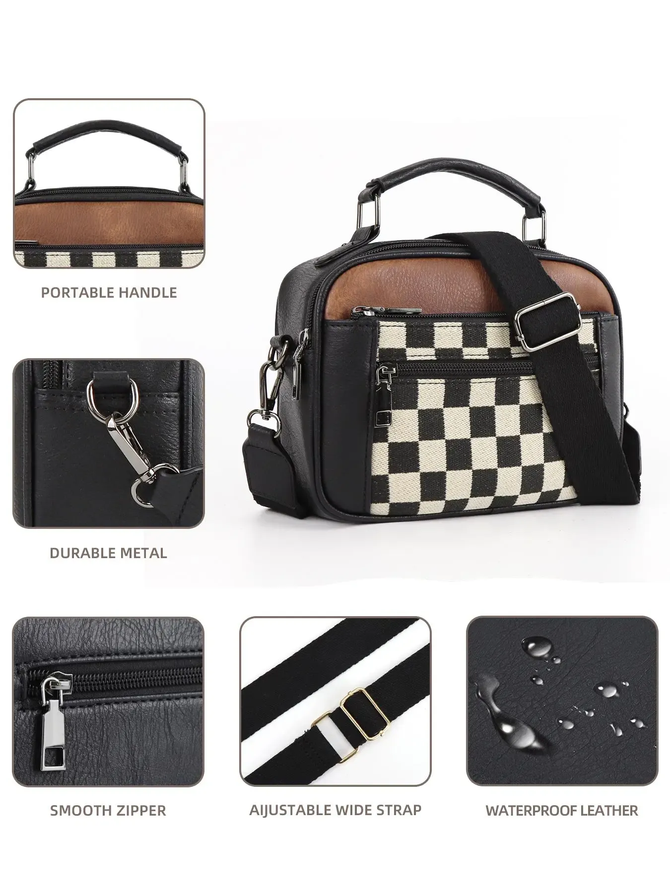 Checkerboard Pattern Colorblock Crossbody Bag, Fashionable Patterned Bag, Fashion PU Leather Waterproof Zipper Shoulder Bag for Women, Casual Trendy Versatile High-quality Daily Commuting Bag, Mothers Day Gift Ideas