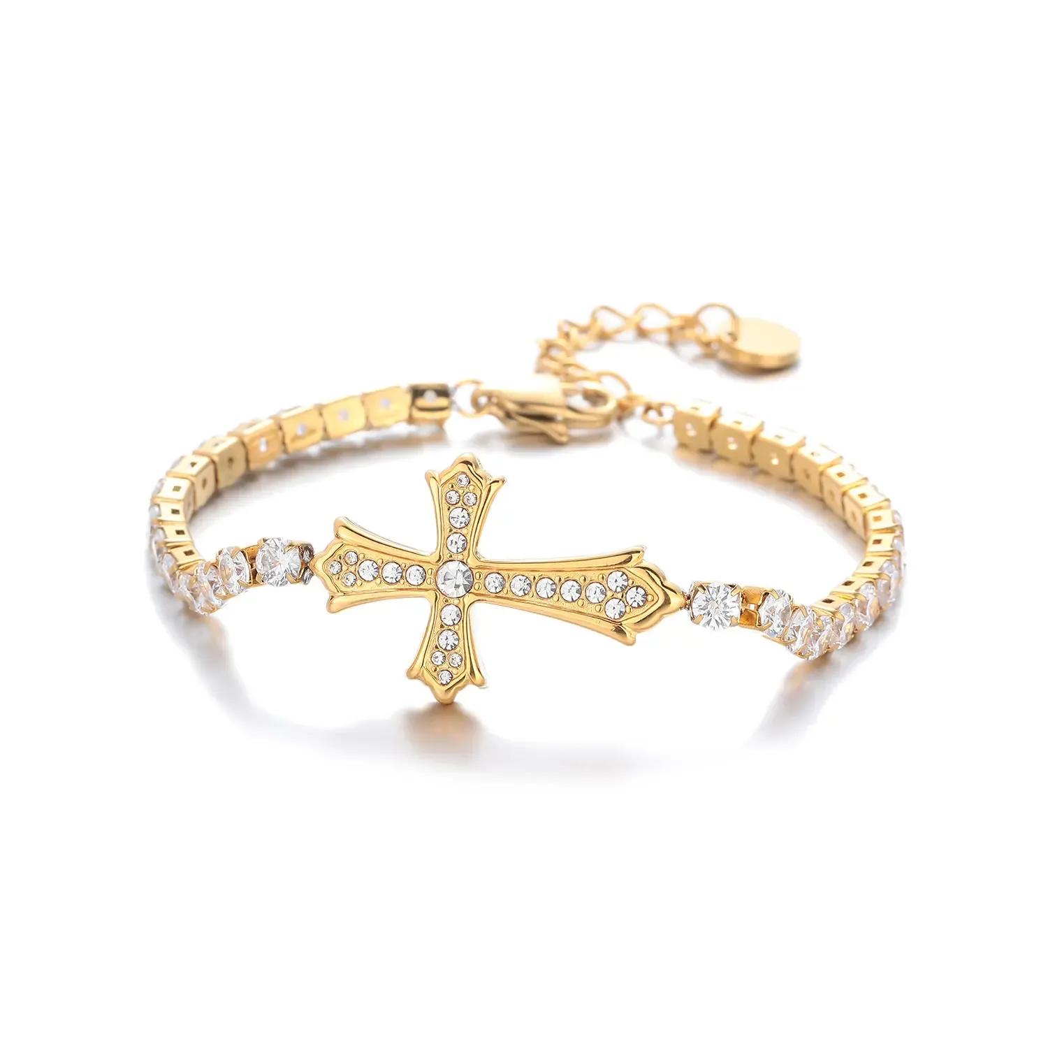 Cross Jesus Bracelet Hypoallergenic Gold-Plated with Cubic Zirconia Adjustable Wristband 9.45 Inches Unisex Gift for Christmas Valentine's Day Birthday