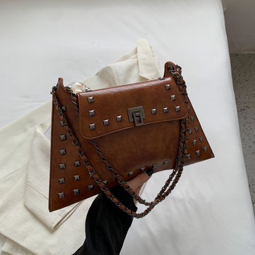 Women's Rivet Decor Casual Shoulder Bag, Fashionable Solid Color Bag for Daily Use, Trendy Versatile High-quality Daily Commuting Bag, Girl Fashionable Shopping Bag, Crossbody Shoulder Purses, Casual Handbag Satchel, Crossbody Bags, PU Leather Bag