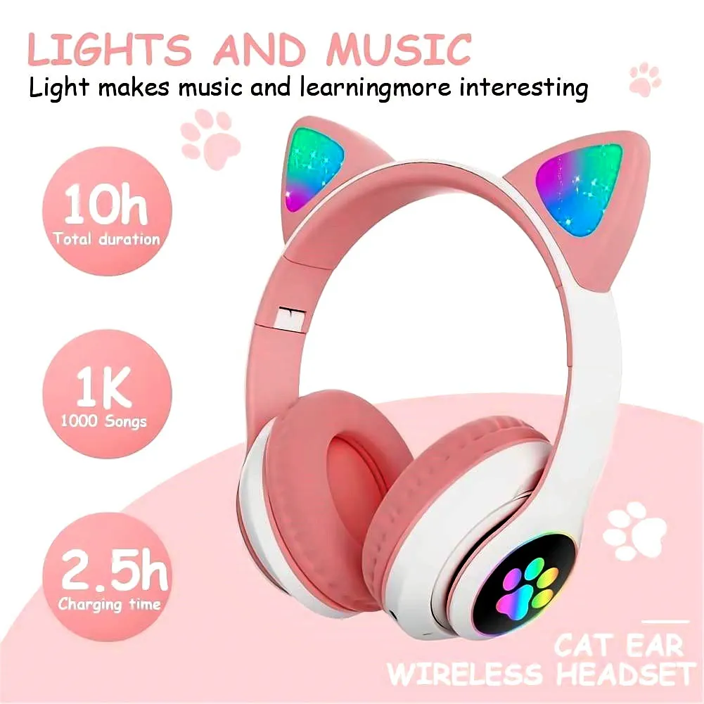 LED Flashing Cat Ear Wireless Bluetooth Headphones - Over-Ear Deep Bass Sports Headset with SD Card Slot & RGB Lights for Gaming or Workout