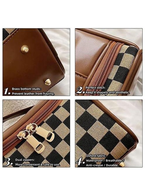 Fashion Colorblock Checked Pattern Makeup Bag, Casual Versatile Zipper Makeup Pu Leather Storage Bag, Makeup Organizer Pouch for Women & Girls