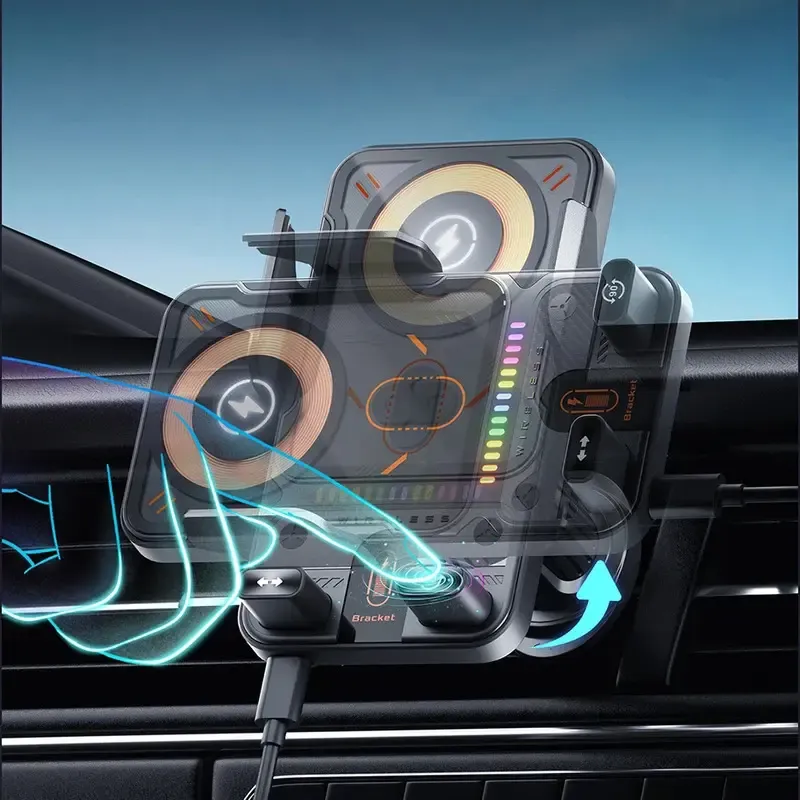 15W Wireless Charging Car Phone Holder Electric Induction Opening Closing Horizontal and Vertical Rotation Air Vent Mount Multifunctional for Apple and Android Phones Electronic Smartphone Charger