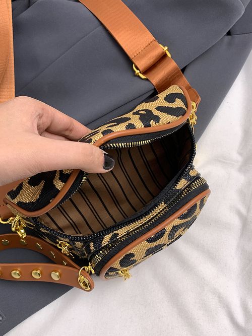 Mini Crossbody Belt Bag, Pure Color Design, Punk Style, Geometric Pattern, Leopard, Multi-Layer Storage, Suitable for All Seasons, Zipper Belt Bag, Crossbody Fanny Pack, Casual Bum Bag