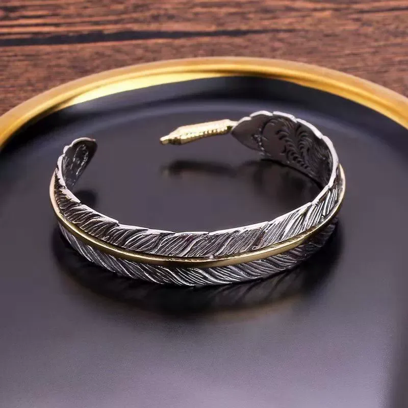 Vintage Feather Cuff Bracelet for Men - Adjustable Open Bangle, Trendy Stack Bangle, Metal Coating Costume Jewelry, Everyday Wear Accessory, Ideal Gifts for Him Mens Gifts