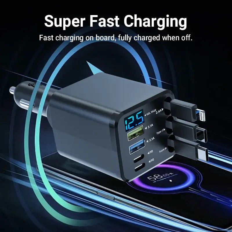 Super Fast Car Charger: QC3.0&PD2.0,120W Max,3 Retractable Cables + 4 Ports | 7-in-1,Smart Chip & LED Voltage Display | Universal Charging Solution for iPhone & AndroidThe Ultimate Road Trip Companion
