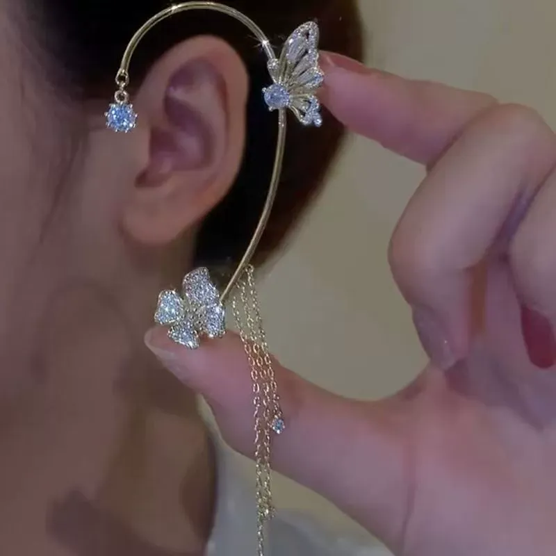 New Minimalist Fashion Sparkling Rhinestone Butterfly Flower Non-Piercing Tassel Ear Cuffs Set of 2 for Women