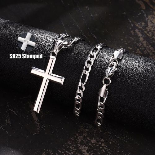 Cross Necklace for Men Women, 5mm 316L Stainless Steel Diamond-Cut Durable Figaro Link Chain or Cuban Link Curb Chain for Men, Mens Silver Crucifix Cross Pendant Necklaces Jewelry 23 Inches