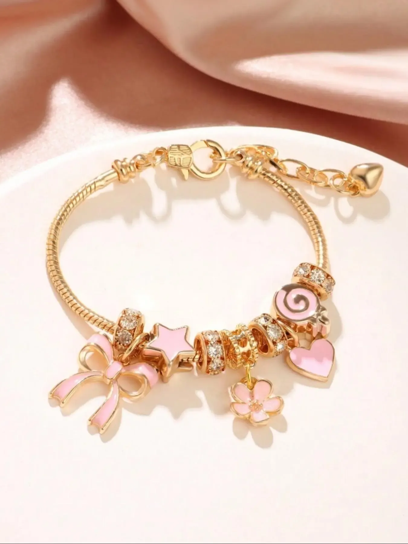 Cute Bow & Heart & Flower Design Charm Bracelet, Rhinestone Decorated Bracelet for Women & Girls, Trendy All-match & Exquisite Jewelry for Birthday Gift, Rhinestone Decorated Bangle, Charms Bracelet