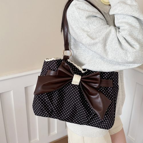 Trendy Fashion Large Capacity Polka Dot Bag with Bow Decor, Fashionable Patterned Bag, Handheld Shoulder Bag, Handbag Shoulder Purse, Stylish Womens Accessory, PU Leather Bag Perfect for Daily Use