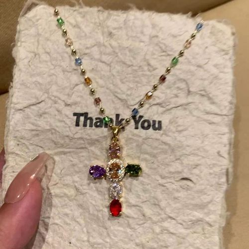 Rainbow Cross Pendant Necklace for Women Gothic Catholic Christian Costume Accessories Jewelry