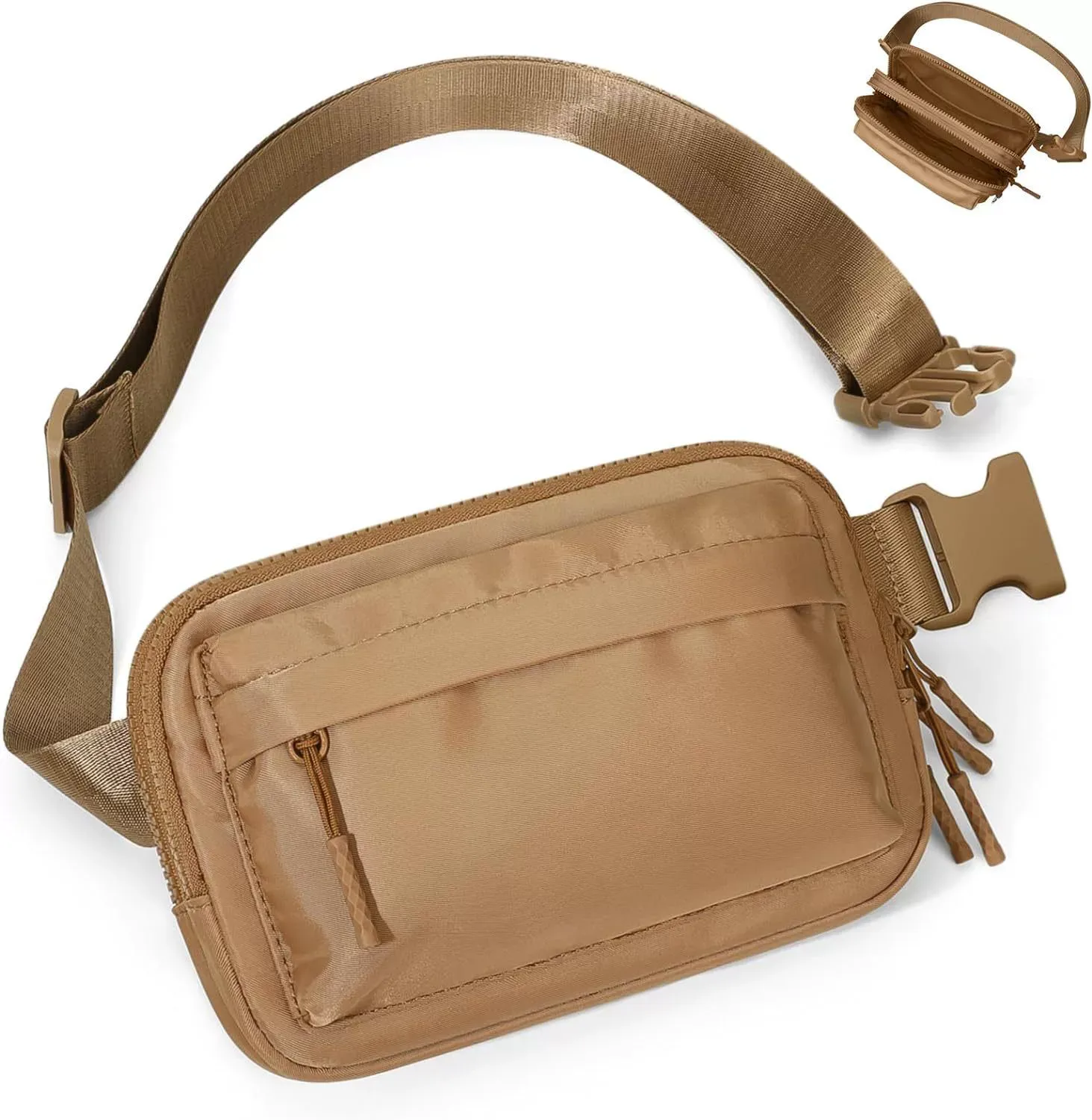 Unisex Fanny Packs for Women Men - Waterproof Belt Bag with 4 Zipper Pockets, Adjustable Long Strap Waist Crossbody Bag for Workout Running Yoga Shopping Hiking, Brown