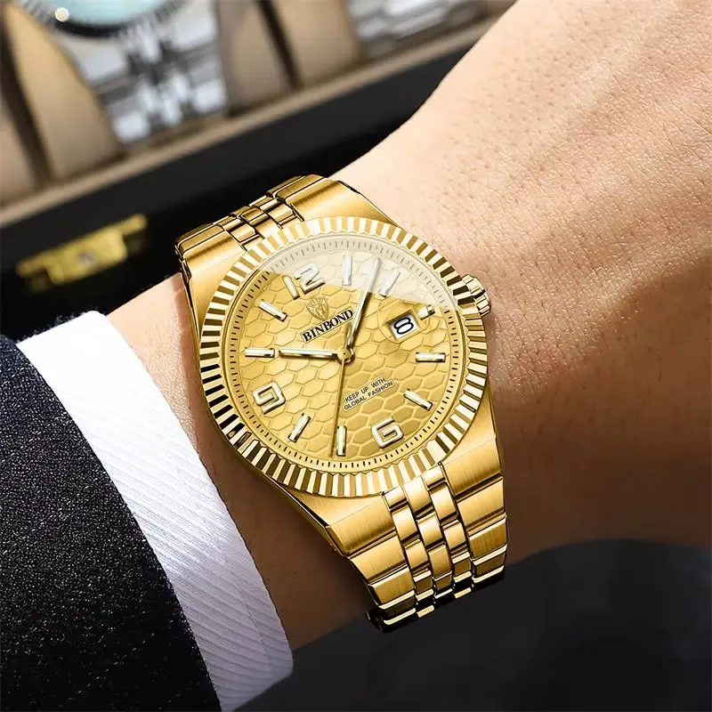 Men's Business-Style Quartz Watch — Diamond Accents, 3D Linear Mesh Texture, Luminous Display, Date Function, Water-Resistant Design (Watch Box Not Included)