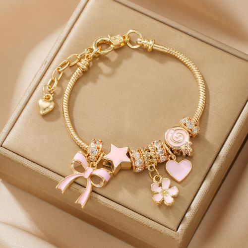 Cute Bow & Heart & Flower Design Charm Bracelet, Rhinestone Decorated Bracelet for Women & Girls, Trendy All-match & Exquisite Jewelry for Birthday Gift, Rhinestone Decorated Bangle, Charms Bracelet