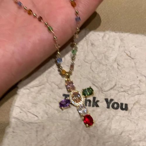 Rainbow Cross Pendant Necklace for Women Gothic Catholic Christian Costume Accessories Jewelry