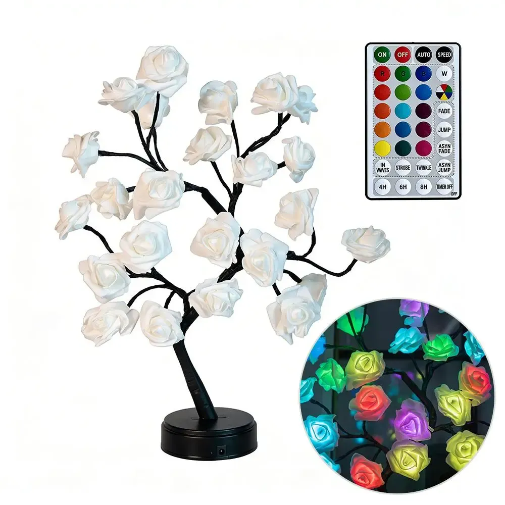 LED Rose Flower Tree Night Light USB Battery Powered Table Lamp for Bedroom Holiday Decoration Valentines Day Mothers Day Gift Home Decor