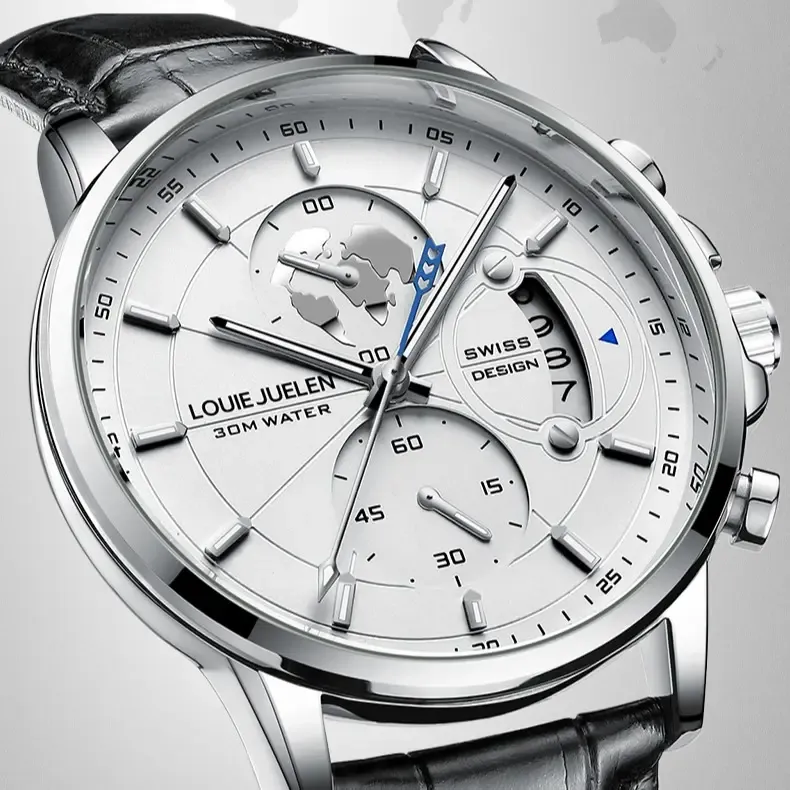 Elegant Men's Watch: Globe Design, 30m Water Resistance, Luminous Dial, Calendar & Chronograph | Stylish for Day & Business | Classic Timepiece