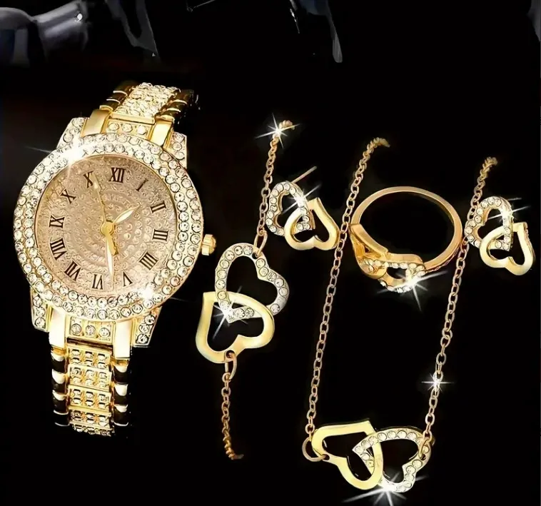 Women's Elegant Fashion Watch & Jewelry Set, Round Dial Analog Quartz Watch & Bracelet & Necklace & Ring & Earrings, Exquisite Watch Set with Box, Fashionable Jewelry Set