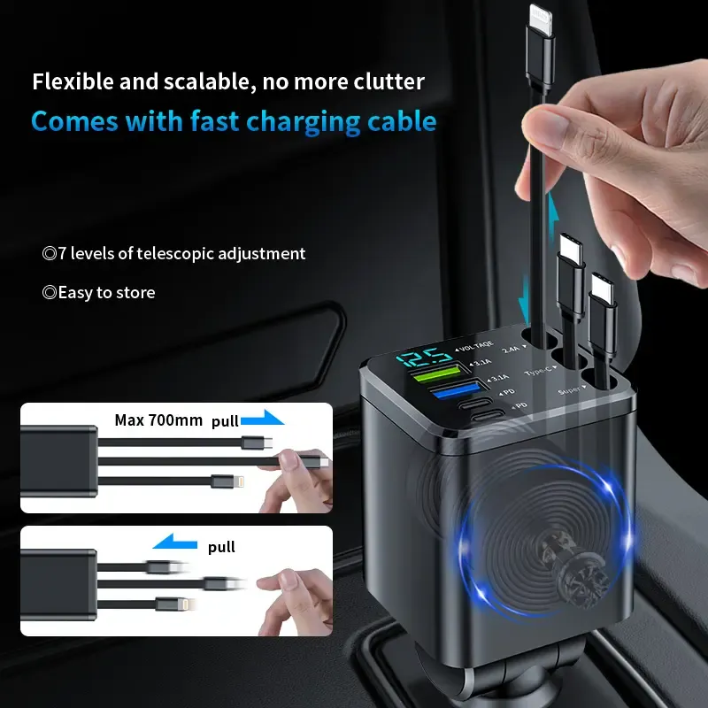 Super Fast Car Charger: QC3.0&PD2.0,120W Max,3 Retractable Cables + 4 Ports | 7-in-1,Smart Chip & LED Voltage Display | Universal Charging Solution for iPhone & AndroidThe Ultimate Road Trip Companion