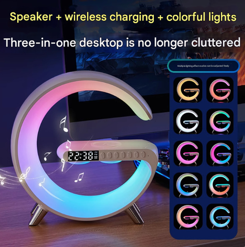 Hot Sale Big G Style Bluetooth Speaker N69 | RGB Colorful Light Strip Alarm Clock | Desktop Multifunctional Wireless Charger with USB Port