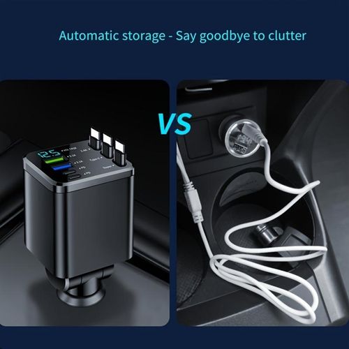 Super Fast Car Charger: QC3.0&PD2.0,120W Max,3 Retractable Cables + 4 Ports | 7-in-1,Smart Chip & LED Voltage Display | Universal Charging Solution for iPhone & AndroidThe Ultimate Road Trip Companion