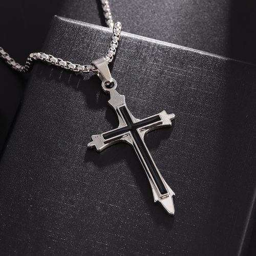 Men's street style all-stainless steel cross pendant necklace, 1 piece, casual and fashionable pendant necklace.