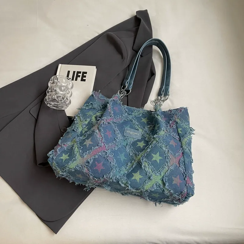 Women's Fashionable Star Pattern Raw Trim Tote Bag, Large Capacity Shoulder Bag, Elegant Commuter Rhombus Bag, High-capacity Denim High-sense Bag, Fashionable Patterned Bag, Suitable for Dating, Classes, Shopping