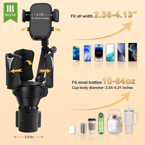Car Cup & Phone Holder Adjustable Compatible with Most Bottles & Smartphones 360 Degree Rotation Car Accessories