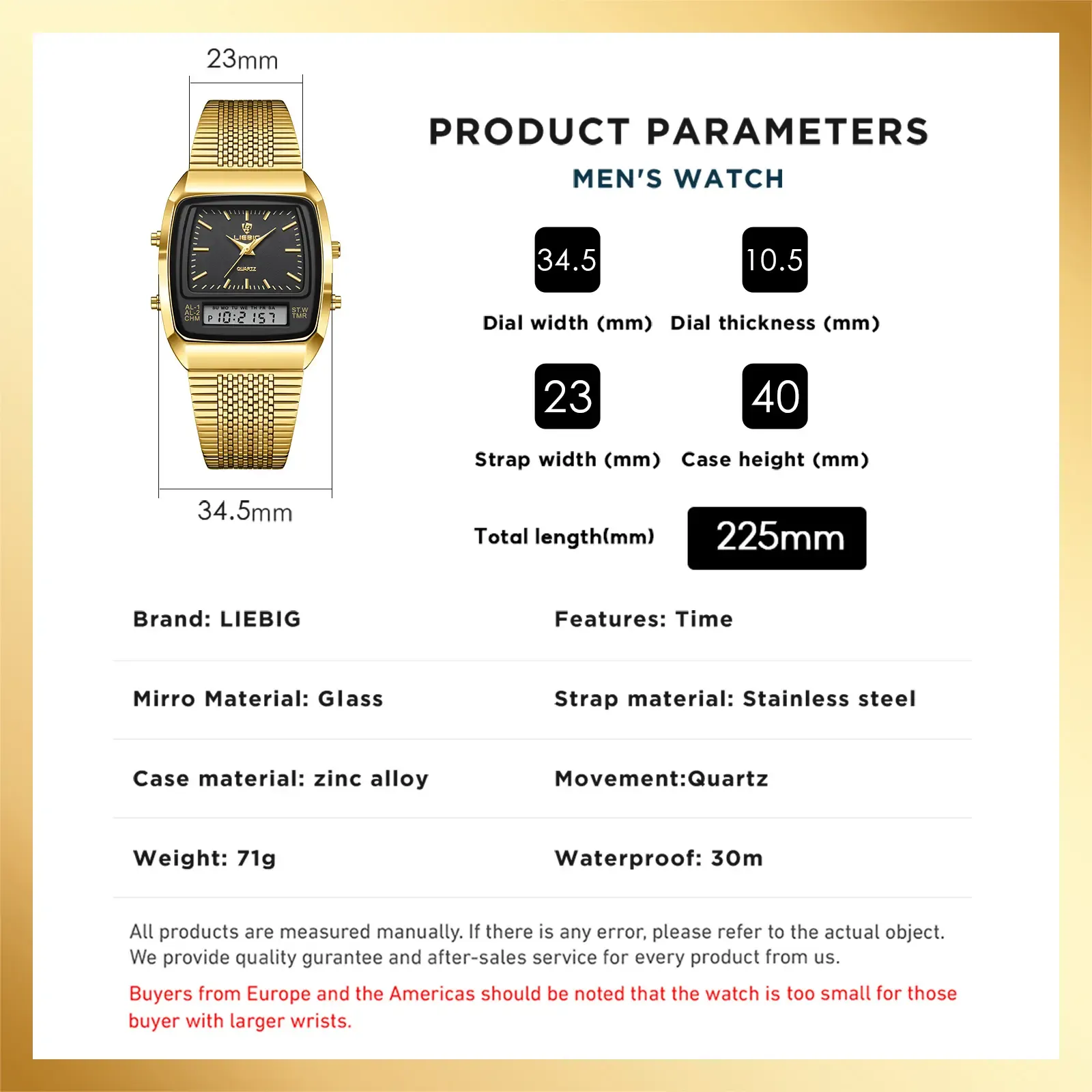 LIEBIG watches for men 34.5mm x 40mm x 10.5mm case 3ATM waterproof and scratch resistant mirror dual time zone fashionable gold watch multifunctional timing alarm clock digital sports watch