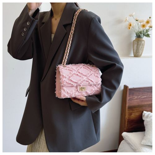 Women's Fashion Chain Strap Denim Rhombus Rough Edge Shoulder Bag, Casual Versatile Solid Color Underarm Bag, Trendy Daily Commuting Bag, Girl Fashionable Bag, Denim Crossbody Bags