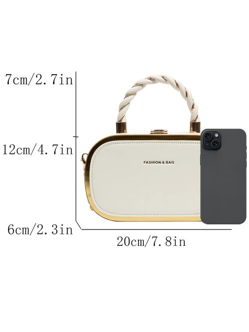 Women's Fashion Buckle Twisted Top Handle Chain Strap Crossbody Bag, Minimalist Letter Detail Metallic Trim Versatile Box Bag, Casual Shoulder Bag, Casual Crossbody Bags