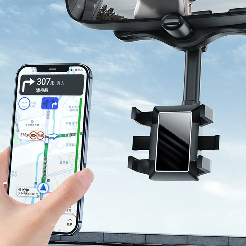 Rearview Mirror Phone Holder for Car, 360° Rotating Rear View Mount with Adjustable Arm Length, Multifunctional and GPS Universal Car All Smartphones