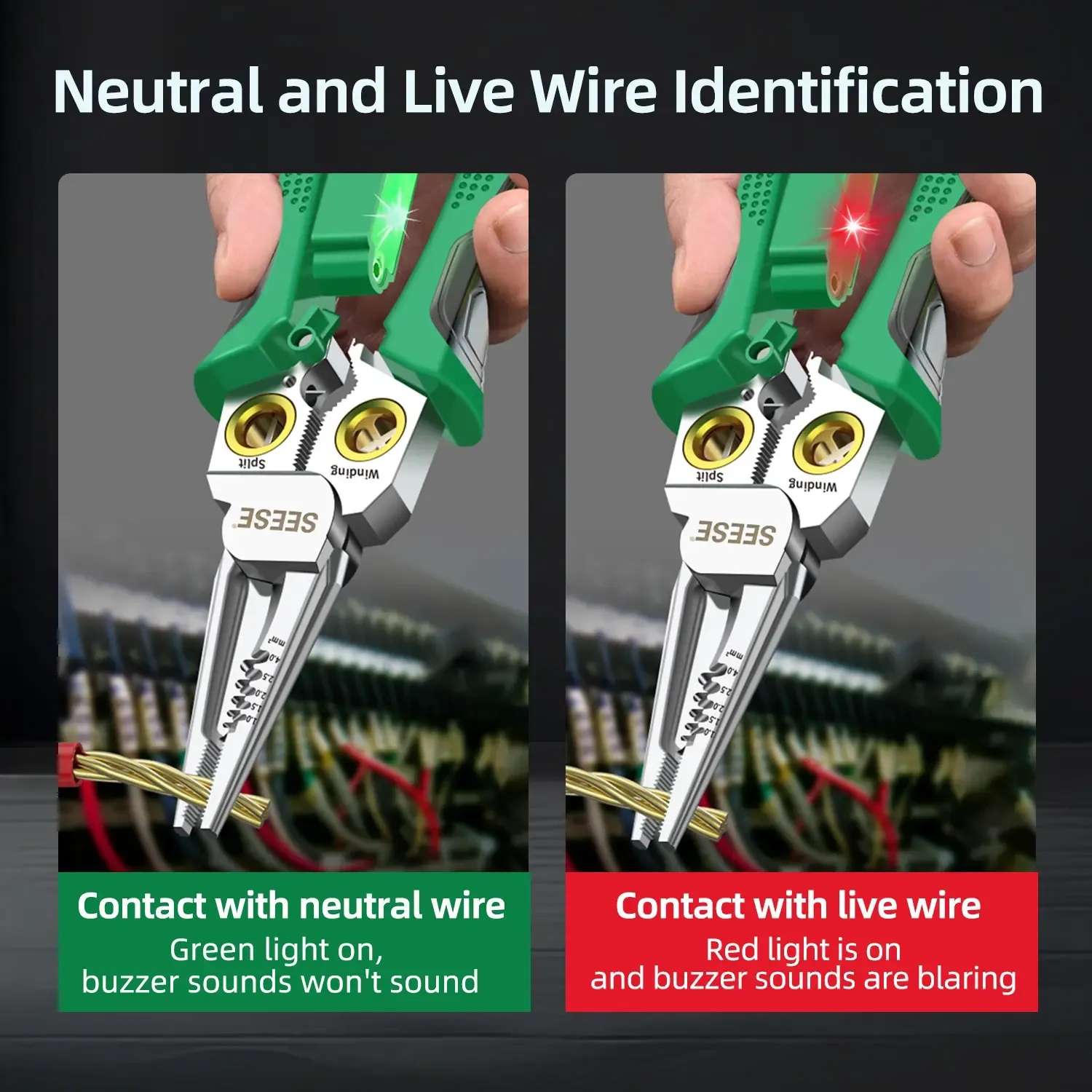 SEESE 8 in 1 Wire Stripper Twister for Cutting and Pulling Wires, Voltage Tester Pliers,Cable Scissors, 12V to 250V Live,Null,Hot Wire Judgment AC DC, Audible and Flashing LED Alarms