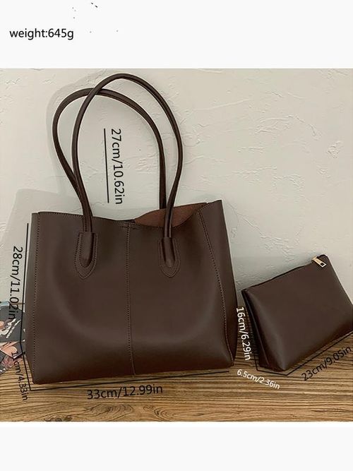 Women's Fashionable Solid Color Soft PU Leather Tote Bag, Large Capacity Shoulder Tote Bag For Daily, School & Commuting Used, Leather Tote Purses
