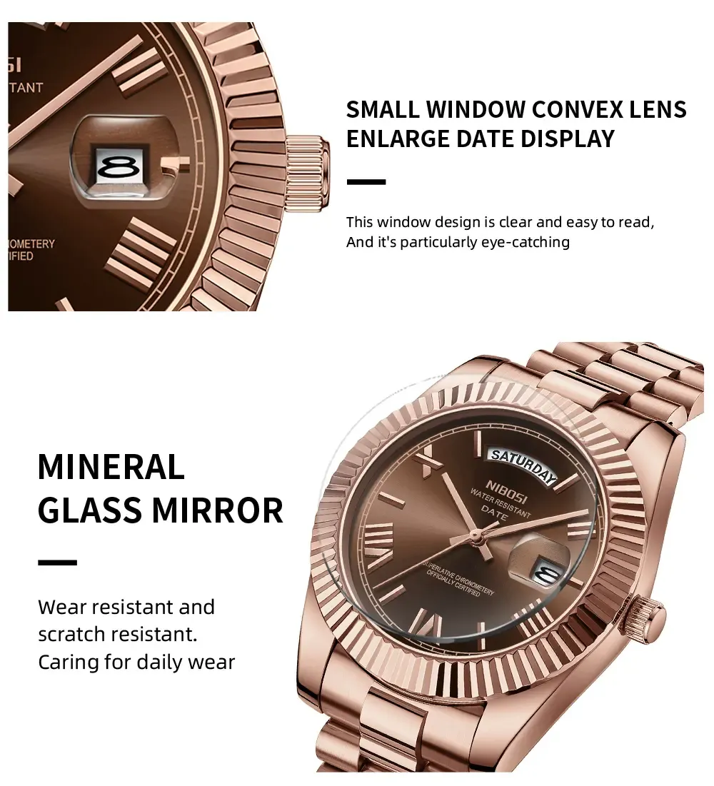 Luxury dress watch for men, 40mm rose gold dial, stainless steel bracelet, rotating quartz analog movement, water-resistant, luminous large dial, a sophisticated business watch, no watch box included.